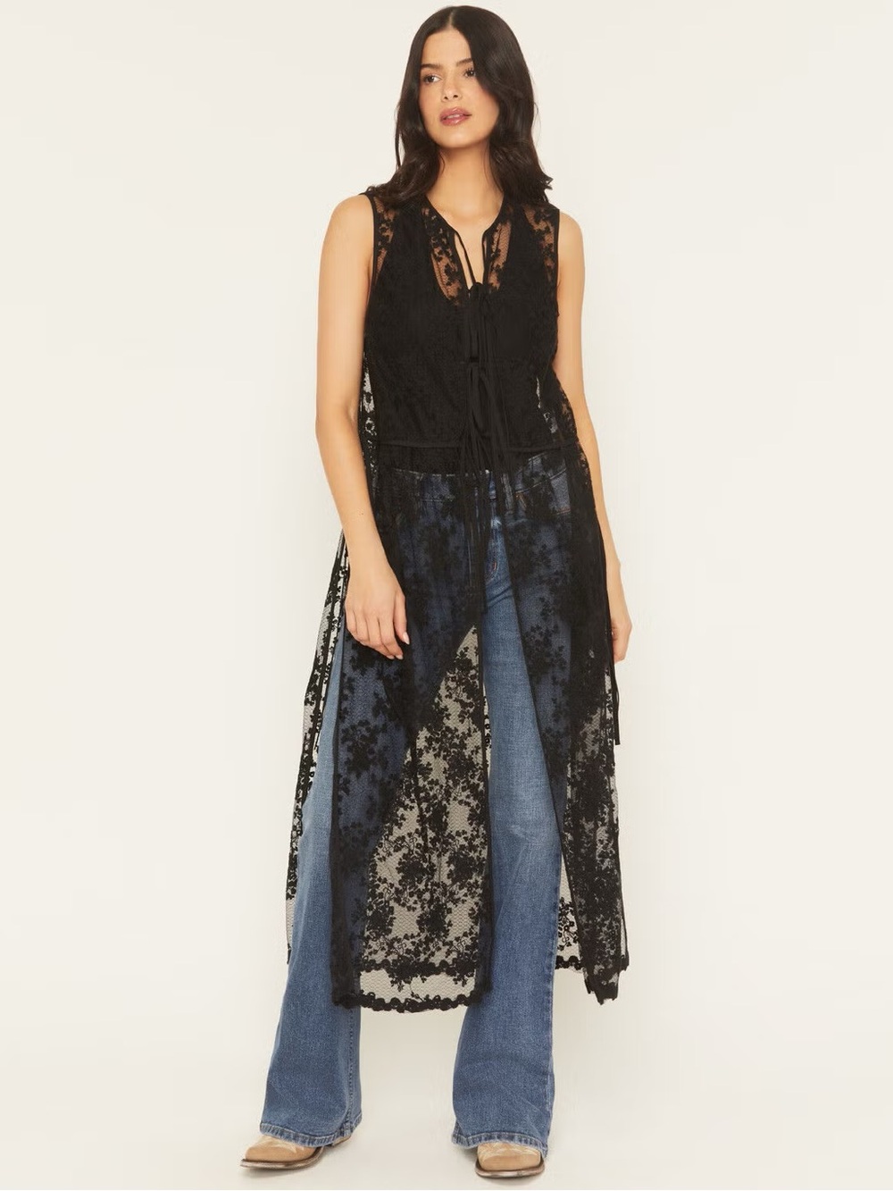 Black Lace Long Vest Duster